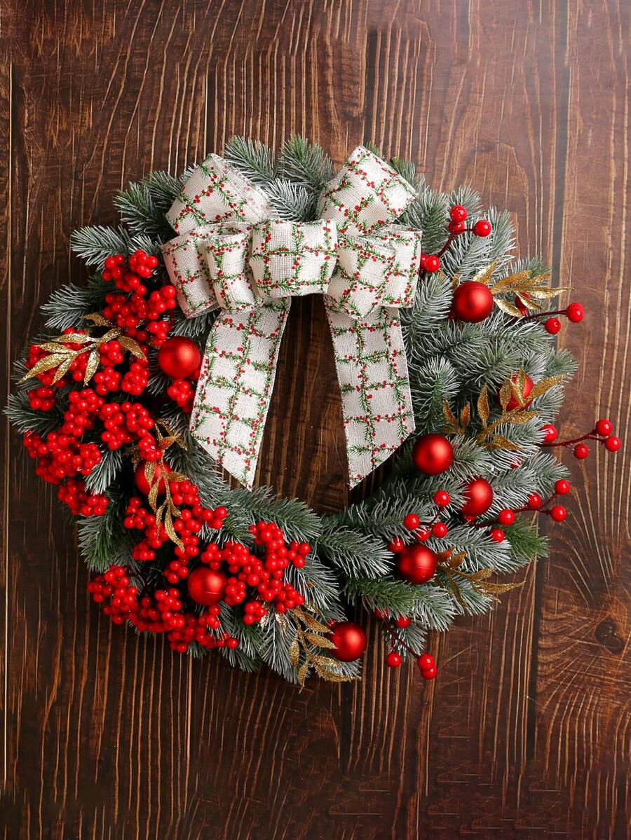1pc 14.96inch Christmas Red Berry Wreath Decor, Creative Christmas Berry & Bow Vine Wreath For Holiday Home Decor, Suitable For Staircase, Outdoor, Living Room Wall Christmas Decorations Room Decor Winter