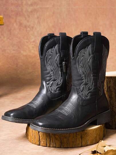 SHOESMALL Men's Cowboy Black Boots Embroidery Western Boots For Men Retro Square Toe Mens Boots Botas Vaqueras Para Hombre