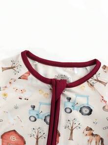 MIOZING Farm Animal Print Baby Romper Children Clothing, Bamboo Fiber Fabric,Infant Footed Jumpsuit,Toddler Outfit,Zipper Closure Cute Farmhouse Animals,Cow,Horse,Sheep,Pig,Chicken,Windmill Print,Barnyard Graphics,Cozy,Unisex Baby Apparel - 酒紅色 - 查看 4