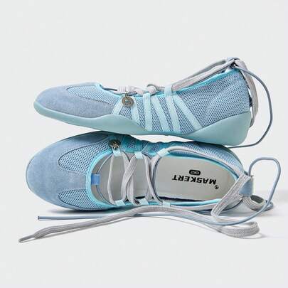 MASKERT 女士休闲鞋，女式芭蕾系带鞋，网眼穿孔平底鞋，柔软鞋底，舒适日常百搭休闲鞋