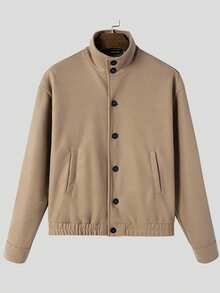 INCERUN Mens Stand Collar Button Front Long Sleeve Casual Basic Solid Jacket Coat Fall Overcoat - Khaki - View 5