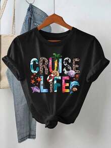 Women "Cruise Life" Summer Vibe Letter Print Short Sleeve Crew Neck T-Shirt-White And Navy Off-The-Shoulder Cropped Top Thanksgiving And Christmas - 黑色 - 查看 1