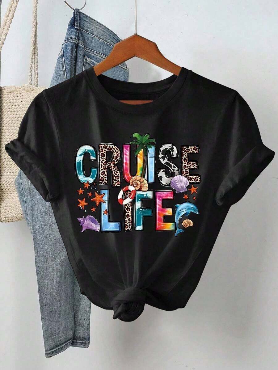 Women "Cruise Life" Summer Vibe Letter Print Short Sleeve Crew Neck T-Shirt-White And Navy Off-The-Shoulder Cropped Top Thanksgiving And Christmas - 黑色 - 查看 1