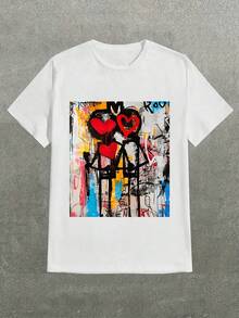 Jean-Michel Basquiat Love Couple Casual PrintComfortable And VersatileLetter Pattern Pure Cotton 180g Printed T-Shirtgraphic Tees Men Shirts Streetwear White Shirt Black Shirt - 白色 - 查看 1