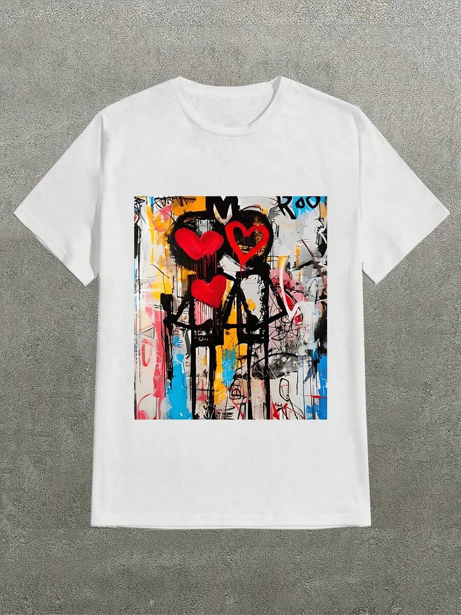 Jean-Michel Basquiat Love Couple Casual PrintComfortable And VersatileLetter Pattern Pure Cotton 180g Printed T-Shirtgraphic Tees Men Shirts Streetwear White Shirt Black Shirt - 白色 - 查看 1