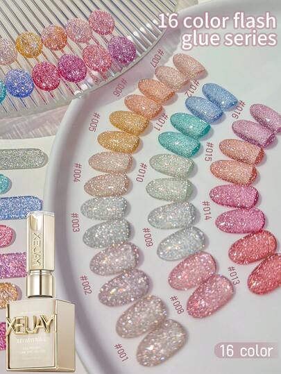 XEIJAYI 钻石闪光美甲 16 色 15ml 凝胶指甲油浸泡 UV LED 指甲油沙龙女性美甲工具时尚迷人指甲奢华指甲设计