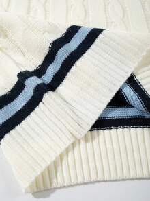 ANDREILEE 复古宽松休闲街头风男女通用毛衣，纹理条纹撞色V领插肩长袖针织套头衫，适合春、秋、冬三季穿着。 - 白色 - 查看 10