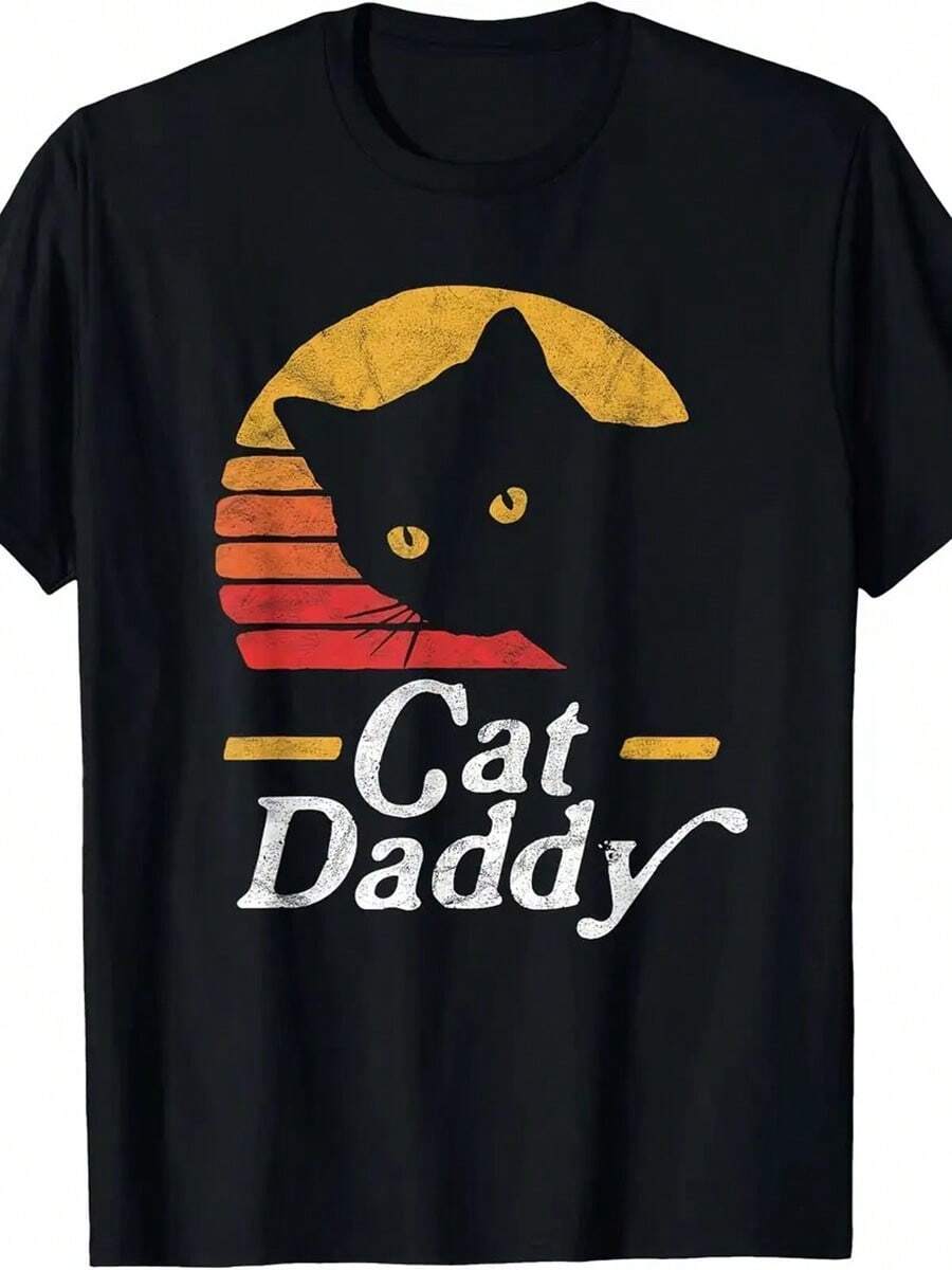 Cat Daddy Vintage 80s   Cat Vintage Distress T-Shirt Cotton T Shirt Hip Hop Vintage Shirts Graphic Tees Street Life Men  Funny Shirts Halloween Fgift Printed & Shipped In USA - 黑色 - 查看 1