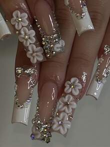 10pcs/Set Extra Large Rectangular French Embossed Rhinestone Bow Nail Stickers, Reusable, 4 Sizes Available, Suitable For Girls/Women, Actors, Stage Performance, Festivals, Parties, Weddings, Daily Wear Handmade Press On Nails - White - View 2