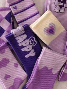 5 pares de calcetines de media caña de colores aleatorios para mujer, calcetines largos tipo tubo con estampado lindo de osos y letras, adecuados para uso diario en primavera y otoño - Multicolor - Ver 7