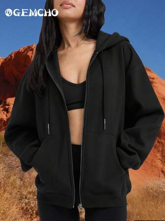 Women's Solid Color Long Sleeve Zipper Front Pocket Hooded Jacket, Autumn