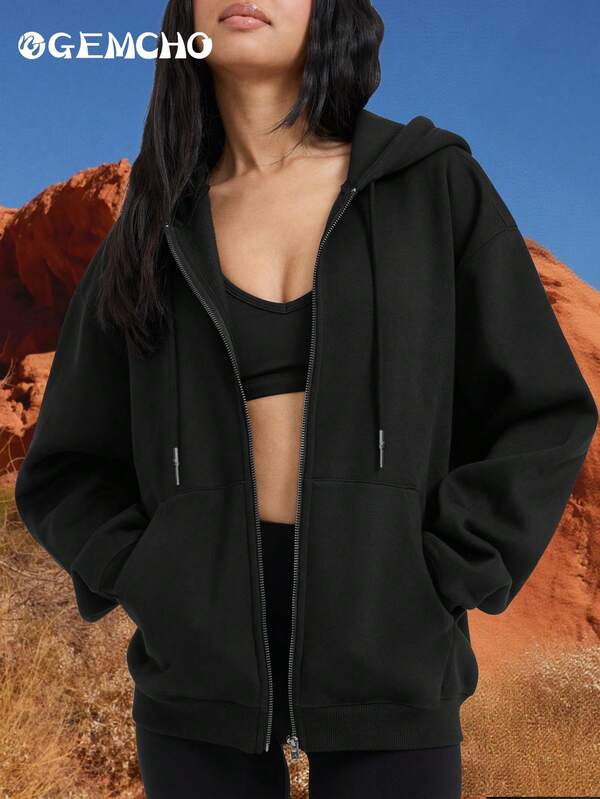 Jaqueta feminina com capuz, manga comprida, zíper e bolso frontal, cor sólida, outono