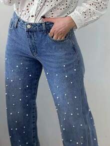 Women's Casual High Stretch Denim Jeans With Beaded Details, Long Straight Leg Design