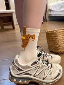 2 đôi tất mỏng họa tiết mèo vá ren cho nữ, tất cổ cao đến bắp chân, màu sắc dễ thương, thích hợp cho mùa thu/đông - Nhiều màu - Xem 7
