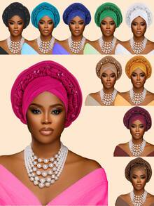 1件重工镶钻多层非洲尼日利亚婚礼头巾，适合婚礼、母亲节礼物、睡帽 - 彩色 - 查看 11