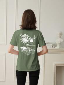 SALTY SOUL Damen Frühling/Sommer Neuer Strandresort Kokosnussbaum Sonnen Muster Tägliches Lässig Rundhals Kurzarm T-Shirt Modisch, Ihr täglicher Urlaubsbegleiter. Urlaub Damen Grafik T-Shirts