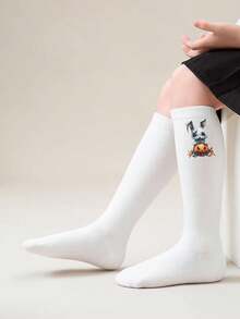 4 Pairs Of Black And White Long Stockings With Bat And Skull Print Patterns For Girls. They Are Suitable For Halloween And Are Backless Calf Socks. - Black and White - View 7