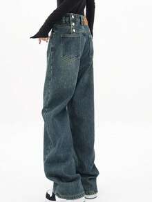 Vintage Denim Jeans With Pockets Baggy Jeans For Women Vintage Wide Leg Straight Denim Pants Womens Casual Trousers Spring Clothes - 藍色 - 查看 5