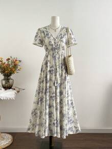 Rusttydustty 大码女式复古蓝白波西米亚度假风腰部纽扣短袖连衣裙