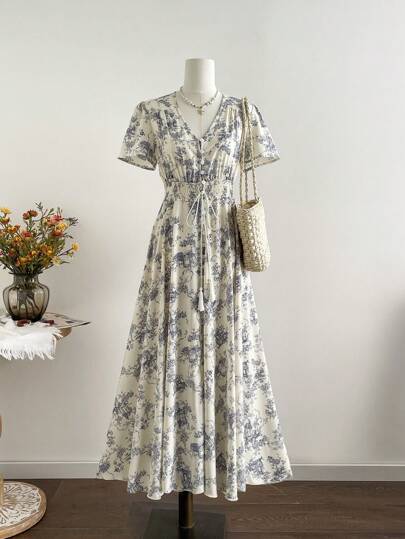 Rusttydustty Plus Size Women's Vintage Blue & White Bohemian Resort Waist Button Down Short Sleeve Dress