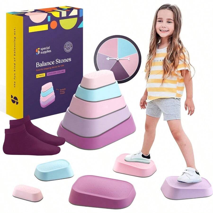 Set Of 5 Stepping Stones For Indoor And Outdoor Balance Blocks Promote Coordination Balance Strength Child Rubber NonSlip Edging Unicorn No More Boredom! Keep Engaged And Healthy! - Unicorn - 查看 1