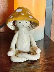 1pc Cute Meditation Sitting Yoga Mushroom Desktop Decor, Yoga Mushroom Ornament Home Living Room Decoration, Garden Resin Craft Gift