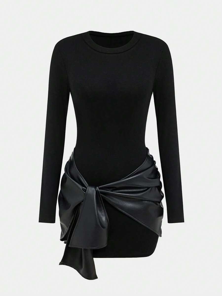 Elegant Women Long Sleeve Mini Dress, Knitted Fabric With Unique Faux Leather Bow Design, Fashion Outfit. Women's Dress With 2 In 1 Look
