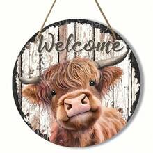 1pc Round Farmhouse Wooden Welcome Sign With Classic Printed Cow Design - Manufactured Wood - Wall Hanging Decor For Home - 7.87inch Diameter, Transverse Orientation - No Electricity Required - Perfect Gift For Housewarming & Rustic Decor Lovers - Metal Spray Paint - View 3