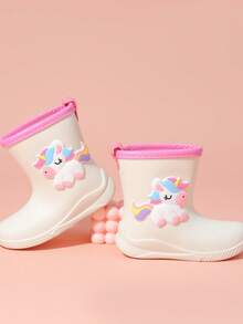 Giày đi mưa cao đến giữa bắp chân mới cho trẻ em, giày cao su dày dặn, ấm áp và bền chắc với họa tiết kỳ lân hoạt hình dễ thương và viền cầu vồng, giày cao su cao cấp dành cho bé gái, học sinh tiểu học, giày đi mưa cao đến giữa bắp chân kiểu dáng mới mẻ. - Màu be - Xem 6
