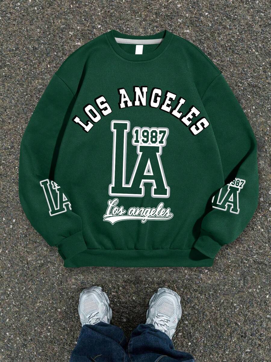 1PC Teen Boy American Retro Style Los Angeles - Element Print Crew Neck Sweatshirt, Soft And Comfortable, Spring Autumn Daily Leisure Wear - Dark Green - View 1