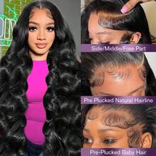 13x4 Body Wave Lace Front Wigs Human Blended Hair Pre Plucked HD Transparent Lace Frontal Wigs 200% Density Glueless Wigs With Baby Hair For Women 26 Inch Wig - Natural & Black - View 4