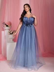Mgiacy Elegant Plus Size Off Shoulder Chiffon Bridesmaid Dress With Appliques Romantic Cold Shoulder Long Gown - 藍色 - 查看 3