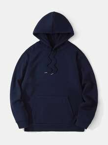 GRDR Men's Casual Street Hooded Sweatshirt, Solid Color With Thermal Lining, Loose Fit, Autumn/Winter - Navy Blue - View 10