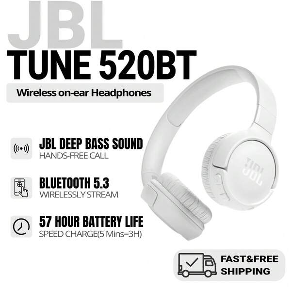  JBL TUNE 520BT 蓝牙耳机，无线降噪耳机，57 小时超长续航，蓝牙 5.3