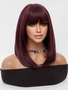 优雅的 16 英寸刘海红色中长直发鲍勃假发 - 耐热合成头发，哑光丝绸，适合初学者，易于护理，适合女性日常佩戴派对假发，万圣节圣诞节角色扮演街头时尚假发 - 中紫紅色 - 查看 6