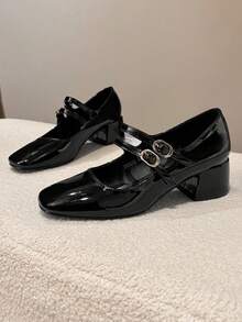 Sapatos vintage Mary Jane femininos com fivela dupla e salto grosso, sapatos elegantes para uso diário - Preto - Ver 3