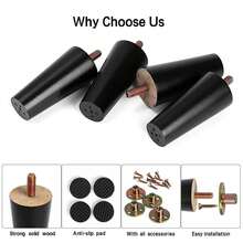 4 件黑色圆形实木家具腿，中世纪风格家具腿替换套件，包含 M8 螺栓、橡胶套、螺丝、防滑垫，适用于床头柜、电视柜、床尾板、椅子、沙发、橱柜、床柱、梳妆台、电视柜、木制家具