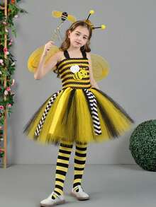 Girl Bee Costumes Contrast Tulle Cami Dress Striped Stockings Wings Magic Wand And Headband Halloween Cosplay Set - 黃色 - 查看 3