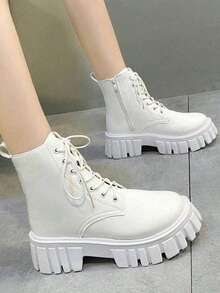 Botas de cordones de moda para mujer,Botas Cortas para Mujer: Estilo Británico y Botas Moteras de Moda | Cómodas de Llevar, Ideal para Actividades Al Aire Libre - Blanco - Ver 2