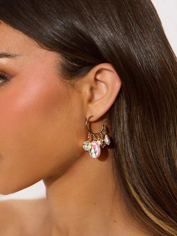 1 Pair Vintage Faux Pearl Teardrop Shaped Chinese Style Blue & White Porcelain Tulip Pattern C-Hoop Earrings For Women