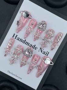 Bộ 10 móng tay giả màu hồng dễ thương mùa hè & thu, móng tay mạ crom, bộ móng acrylic dán kiểu Nhật Y2K, móng dài nhọn mạ crom, bộ móng giả thủ công phủ kín toàn bộ móng với đá và họa tiết trái tim 3D, móng giả màu hồng bóng mạ crom kiểu Punk với dây xích và lớp phủ kim loại, móng dán, thiết kế nghệ thuật móng Gothic, quà tặng ngày Valentine, quà tặng Halloween cho phụ nữ và bé gái - Hồng - Xem 2