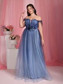 Mgiacy Elegant Plus Size Off Shoulder Chiffon Bridesmaid Dress With Appliques Romantic Cold Shoulder Long Gown - 藍色 - 查看 7