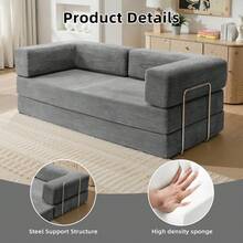 78.7" Foldable 3-Seater Fabric Sofa Bed With Square Armrests, Modular Compressible Living Room Sofa Set, Vintage Suede Comfortable Lounge Chair Sofa, Lazy Sofa (Bean Bag), And Bedroom Sleeper Sofa Bed - 淺灰色 - 查看 5