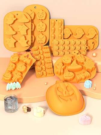 1 stuk siliconen mal voor Halloween chocoladetaart, handgemaakte Halloween siliconen mal - schedel, pompoen, heks, zeep, was smelt, gips, hars, doe-het-zelf benodigdheden, vakantie keukenhulp, om te bakken, snoep, gummi, gelei, chocolade mal, voor het bakken van ijsblokjes gummi gelei, oranje