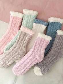 10双/6双女过膝袜珊瑚绒加厚冬季保暖毛绒袜自发热女连裤袜适合日常穿着运动居家休闲14双/8双/2双 - 彩色 - 查看 5