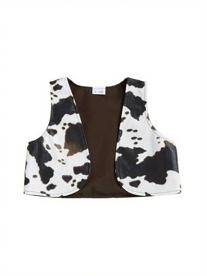Kids Western Vest Jacket Cute Cow Print Open Front Cardigan Warm Sleeveless Waistcoat For Toddler Winter Outwear