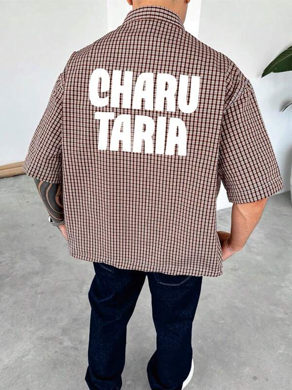 Men's Casual Loose Fit Red Plaid Front & Back Graphic Letter Print Short Sleeve Shirt