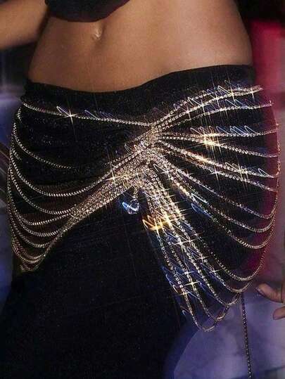 1 件女士时尚多层流苏性感水晶钻身体链长裙，性感派对、夜总会、比基尼胸链首饰