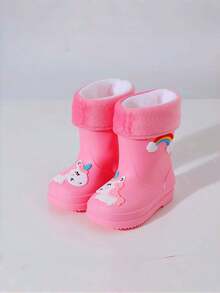 2025 New Children's Mid-Calf Rain Boots, Thick Warm Durable Rubber Boots, Cute Cartoon Plush Fabric High-End Rain Shoes For Boys And Girls, Elementary School Students, Fresh Style Mid-Calf Rain Boots, Sturdy And Waterproof, Anti-Slip