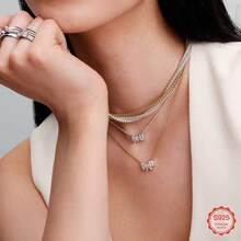 925 Sterling Silver Heart Bow Sparkling Star Pendant Necklace, Fashionable Luxury Design - White - View 4